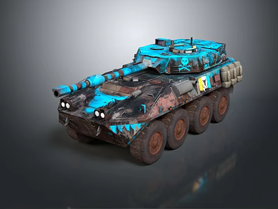 Military Armored Tank With Blue Black Camouflage Pattern And Wheeled Design 3d model