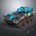 Military Armored Tank With Blue Black Camouflage Pattern And Wheeled Design