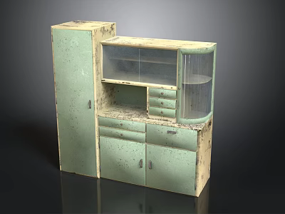 Vintage Light Green Cabinet With Glass Door Drawers And Worn Surface Design 3d model