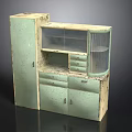 Vintage Light Green Cabinet With Glass Door Drawers And Worn Surface Design