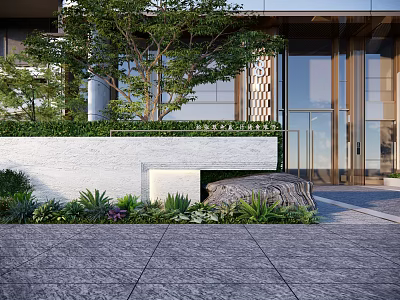 Modern White Feature Wall With Green Plants Rock And Building Entrance 3d model