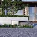 Modern White Feature Wall With Green Plants Rock And Building Entrance
