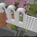 White Arched Scenic Garden Wall With Purple Flowers Green Plants And Stone Path