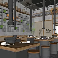 Hot Pot Restaurant Interior Design With Wooden Tables Metal Stools Open Layout And Ceiling Lights