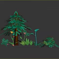 Lush Green Pine Tree Surrounded By Various Plants Ferns And Colorful Flowers
