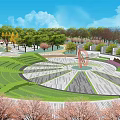 Scenic Park Landscape With Circular Layout Green Trees Red Pavilion Blue Sky And White Clouds