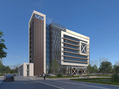 Modern Office Building With Glass Facade Multi Storey Design And Urban Surrounding Trees 3d model