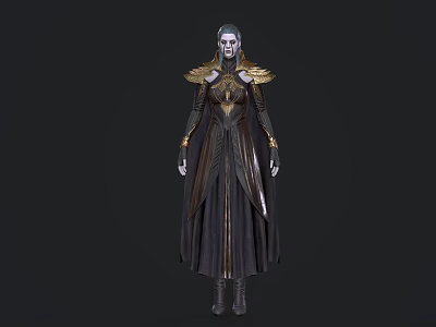 Dark Fantasy Female Character With Golden Accented Robe And Shoulder Armor 3d model
