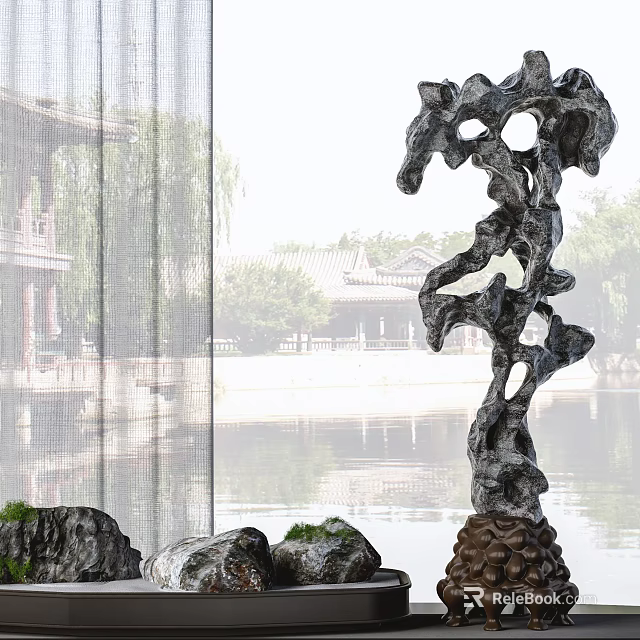 Ornamental Decorative Set Featuring Artistic Rock Stone Base With Chinese Style Architecture And Water Reflection 3d model 