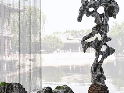 Ornamental Decorative Set Featuring Artistic Rock Stone Base With Chinese Style Architecture And Water Reflection 3d model