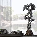 Ornamental Decorative Set Featuring Artistic Rock Stone Base With Chinese Style Architecture And Water Reflection