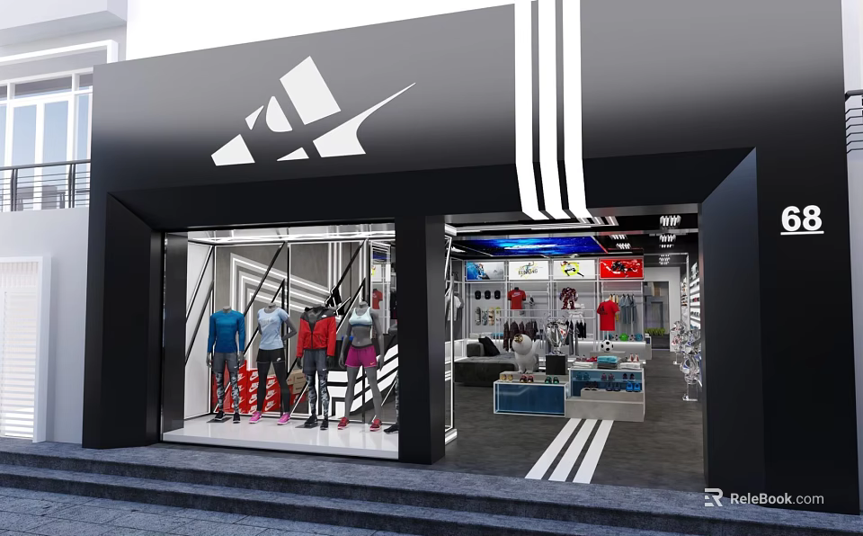 Modern Clothing Store Interior With Colorful Apparel Window Display And Red Blue White Fashion Racks 3d model 