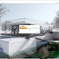 Modern Waterfront Building with Glass Facade and Geometric Structure by Water Featuring Staircase and Terrace