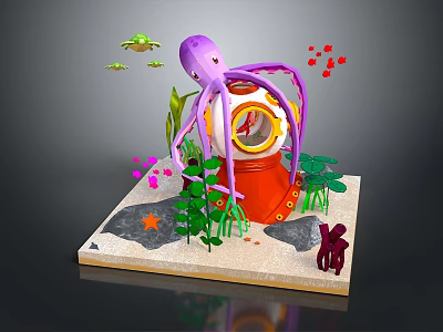 Underwater Diorama Featuring Purple Octopus Orange Diving Bell Green Plants Red Fish And Sandy Seabed 3d model