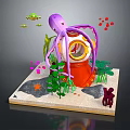 Underwater Diorama Featuring Purple Octopus Orange Diving Bell Green Plants Red Fish And Sandy Seabed