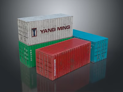 Yang Ming Shipping Containers In Green Red Blue Colors Stacked Together Neatly 3d model
