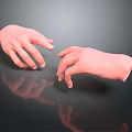 Realistic 3D Modeled Hands with Curved Fingers Interacting Gently on Dark Background and Reflection 3d model