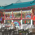 Ancient Chinese Architecture Courtyard Design With Blue Roof Red Pillars And Wooden Tables