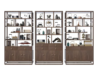 Traditional Chinese Antique Display Shelves With Decorative Items Tea Sets Vases And Books 3d model