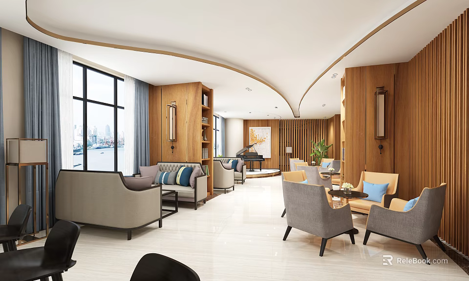 Modern Living Room With Wooden Decor Sofas Coffee Tables Piano And City View 3d model 