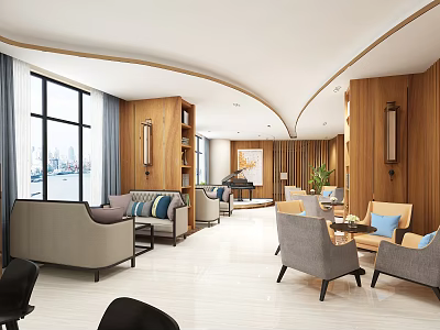 Modern Living Room With Wooden Decor Sofas Coffee Tables Piano And City View 3d model