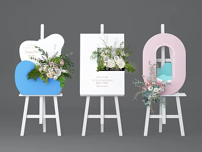 Three White Commercial Display Easels With Decorative Floral Setups And Mirror Accents 3d model