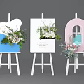 Three White Commercial Display Easels With Decorative Floral Setups And Mirror Accents
