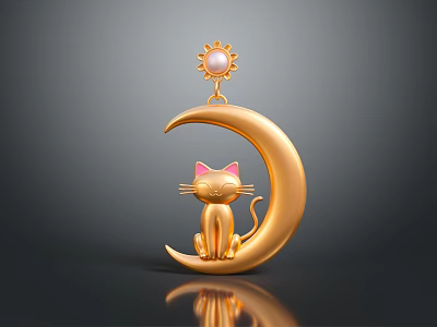 Golden Moon Shaped Decorative Accessory With Cat Figure And Sun Pendant 3d model