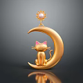 Golden Moon Shaped Decorative Accessory With Cat Figure And Sun Pendant