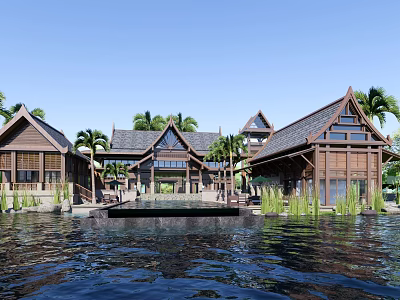 Tropical Wooden Resort Buildings With Gabled Roofs Palm Trees And Calm Waterfront View 3d model