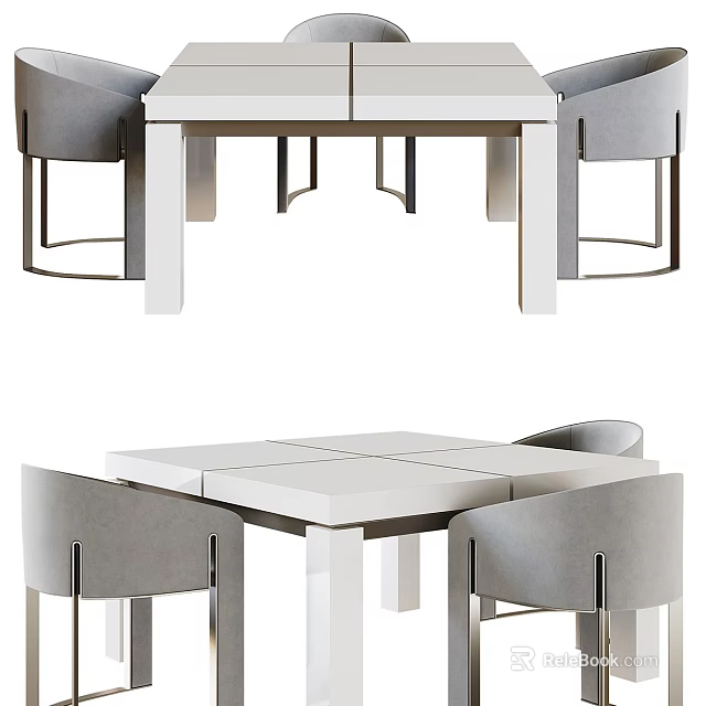 Modern White Dining Table With Grey Upholstered Chairs And Minimalist Design 3d model 