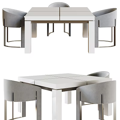 Modern White Dining Table With Grey Upholstered Chairs And Minimalist Design 3d model