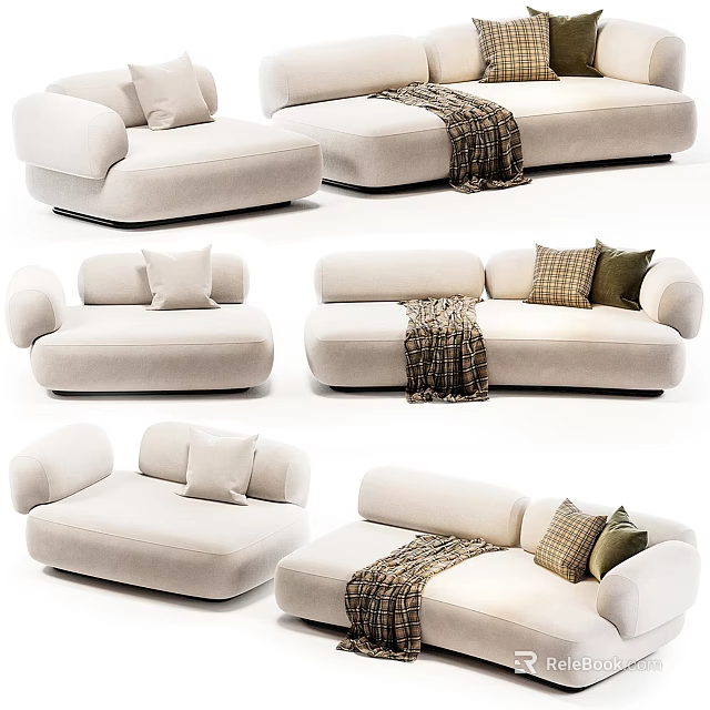Cozy Beige Velvet Multi seat Sofa With Plush Pillows And Knitted Throw Blanket 3d model 