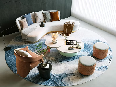 Curved Sofa and Coffee Table Set with Colorful Cushions Round Stools and Blue Patterned Rug Decorations 3d model