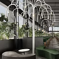 Elegant Modern Restaurant Interior With Open Layout Green Plants Unique Chandeliers And Glass Walls