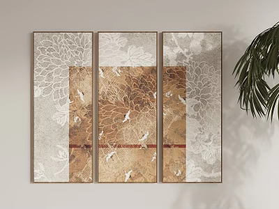 Three Framed Wall Panels Featuring Floral Patterns Bird Motifs And Green Plant 3d model