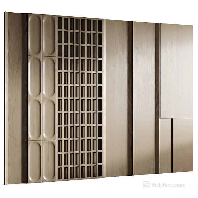 Modern Wooden Background Wall Design With Grid Pattern And Panel Details 3d model 