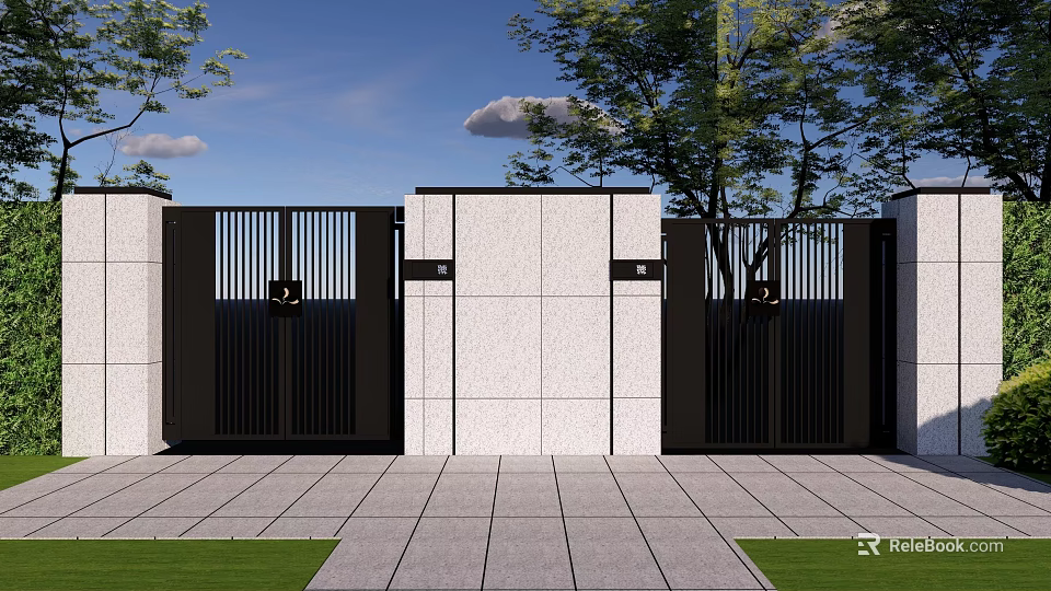 Modern Building Exterior Wall With Stone Finish And Black Grille Gates Near Trees 3d model 