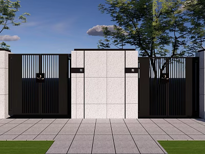Modern Building Exterior Wall With Stone Finish And Black Grille Gates Near Trees 3d model