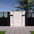 Modern Building Exterior Wall With Stone Finish And Black Grille Gates Near Trees