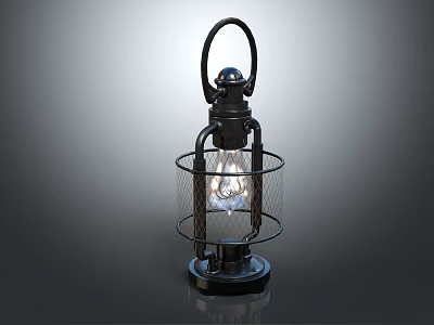 Vintage Black Lantern With Metal Frame And Glass Cover Holding Light Bulb 3d model