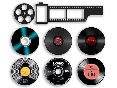 Vintage Film Reel And Strip With Various Design CDs DVDs Digital Media Collection 3d model