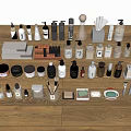 Assorted Daily Cleaning Products And Toiletries Arranged On Wooden Floor
