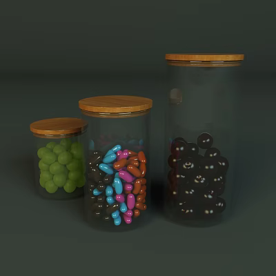 Decorative Ceramic Jars With Wooden Lids In Three Sizes Filled With Colorful Candies 3d model