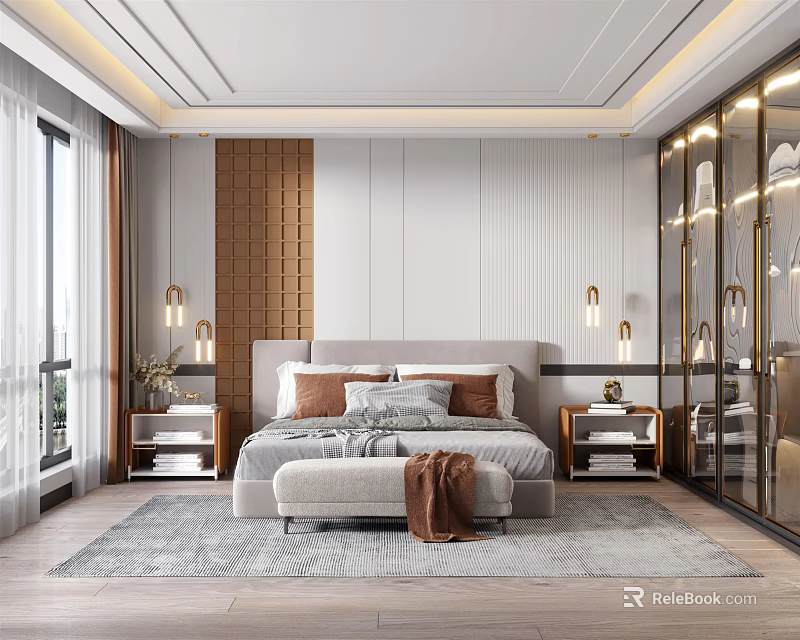 Modern Bedroom Interior With Wooden Accent Wall White Paneling Large Bed Bench And Mirror Wall 3d model 