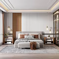 Modern Bedroom Interior With Wooden Accent Wall White Paneling Large Bed Bench And Mirror Wall