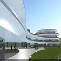 Contemporary Hotel Building With Curved Design Glass Facade Green Lawn And Walkway