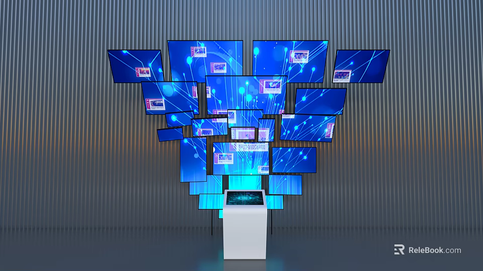 Modern Computer Screen Arrangement Featuring Blue Digital Displays And AI Interface Control Console 3d model