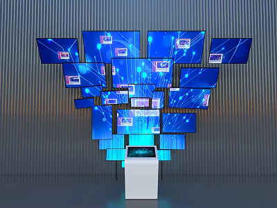 Modern Computer Screen Arrangement Featuring Blue Digital Displays And AI Interface Control Console 3d model