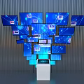 Modern Computer Screen Arrangement Featuring Blue Digital Displays And AI Interface Control Console 3d model